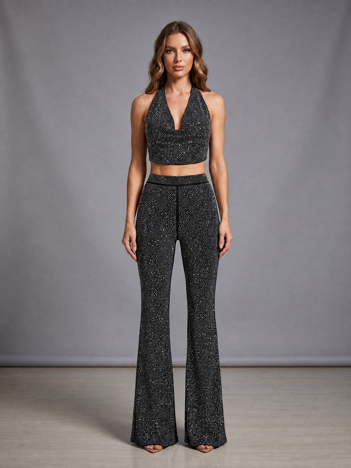Halter Sparkly Two Piece Jumpsuit Silver HV3203