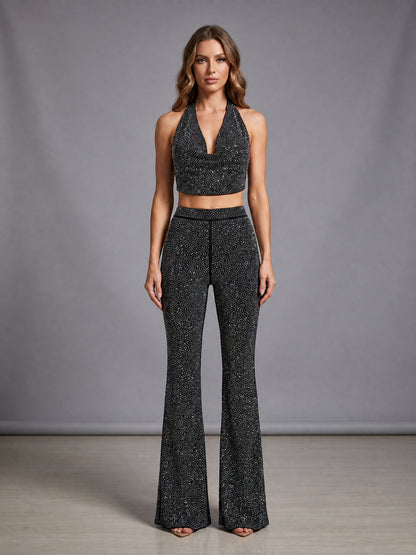 Halter Sparkly Two Piece Jumpsuit Silver HV3203