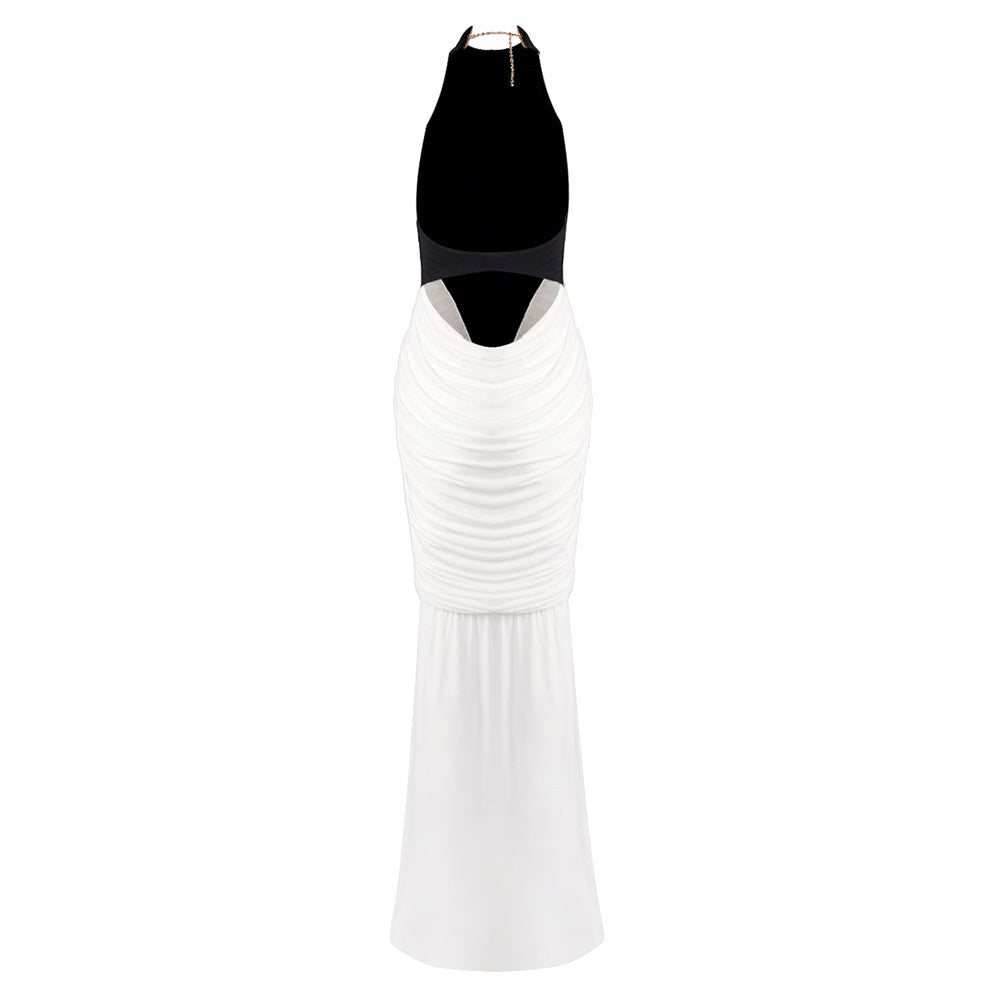 เดรสยาวผูกคอระบาย ดำขาว HV2656