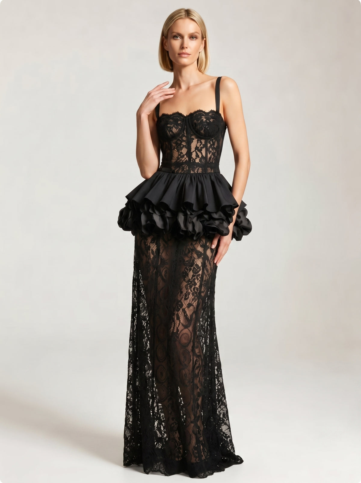Lace Peplum Maxi Dress Black HV3202