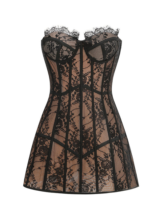 Strapless Lace Bustier A Line Dress Black HV2600