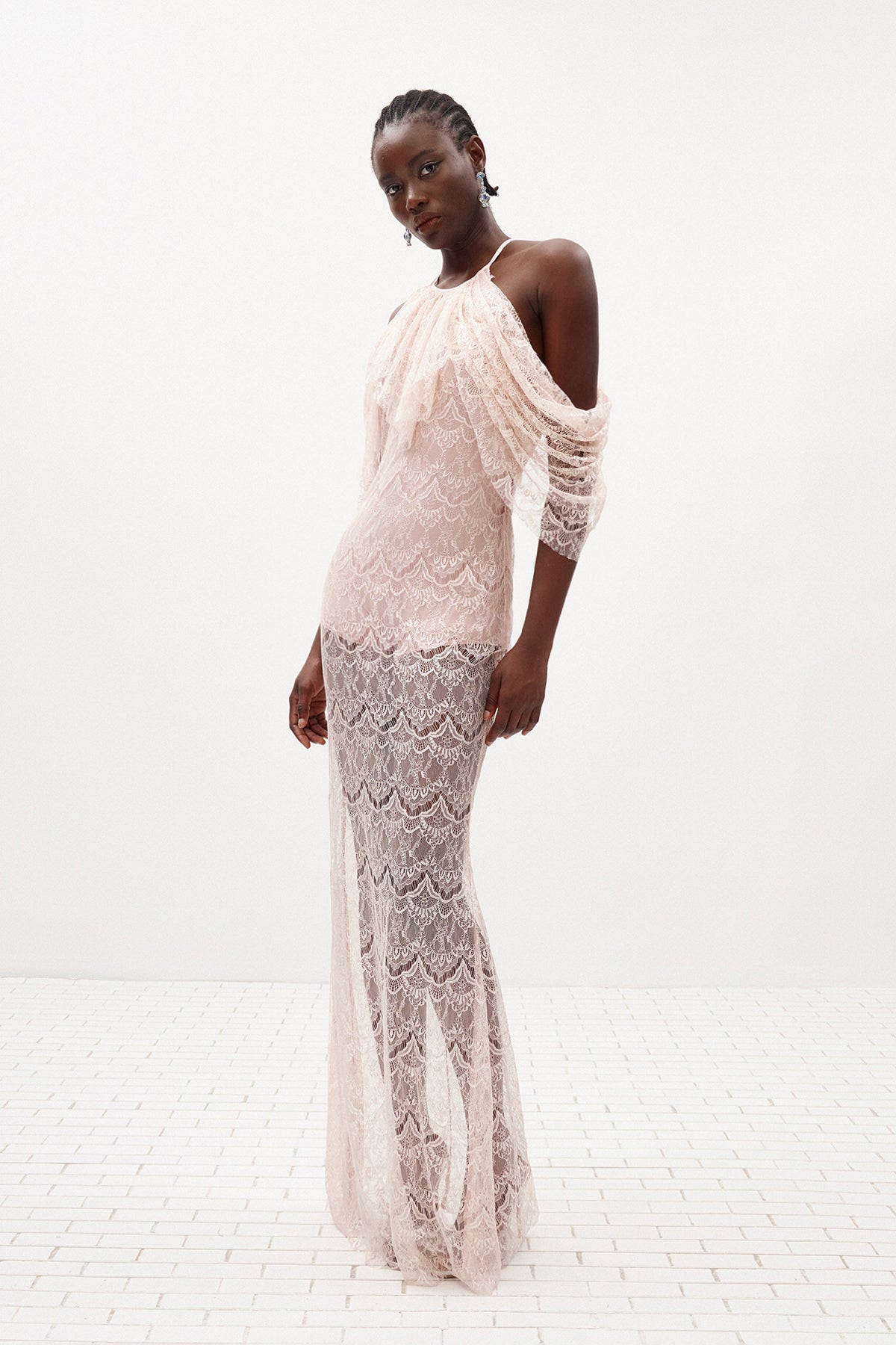 Halter Ruffle Draped Lace Maxi Dress Pink HV3190