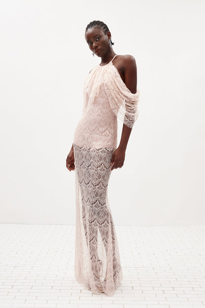 Halter Ruffle Draped Lace Maxi Dress Pink HV3190