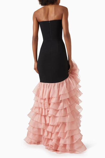 Strapless Floral Ruffle Maxi Dress Black Pink HV2811