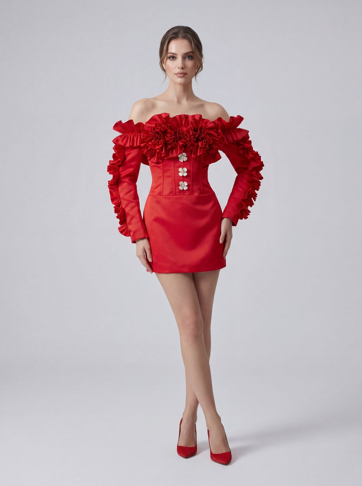 Long Sleeve Bardot Ruffle Dress Red HV2910