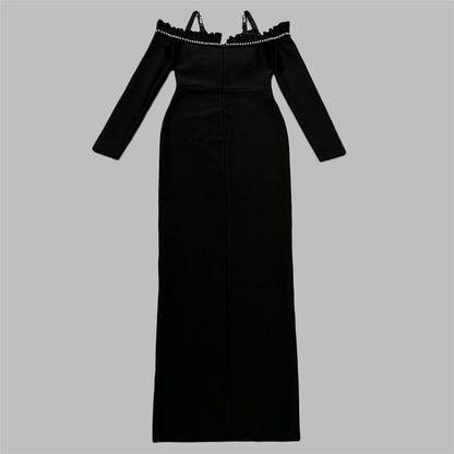 Long Sleeve Pearl Bustier Maxi Dress Black HV1671