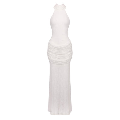 Halter Draped Lace Maxi Dress White HV0167