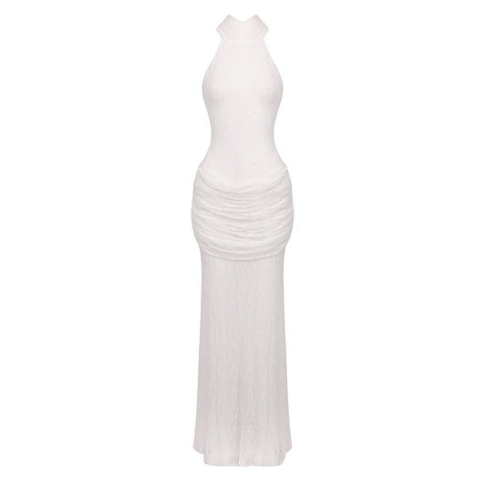 Halter Draped Lace Maxi Dress White HV0167