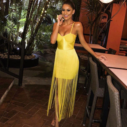 Bustier Tassel Maxi Dress Yellow HV2448