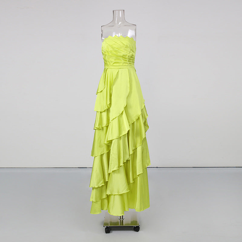 Strapless Ruffle Maxi Dress Lime Green HV3120