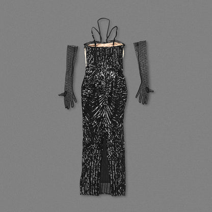 Halter Sequin Maxi Dress Black Nude HV2152
