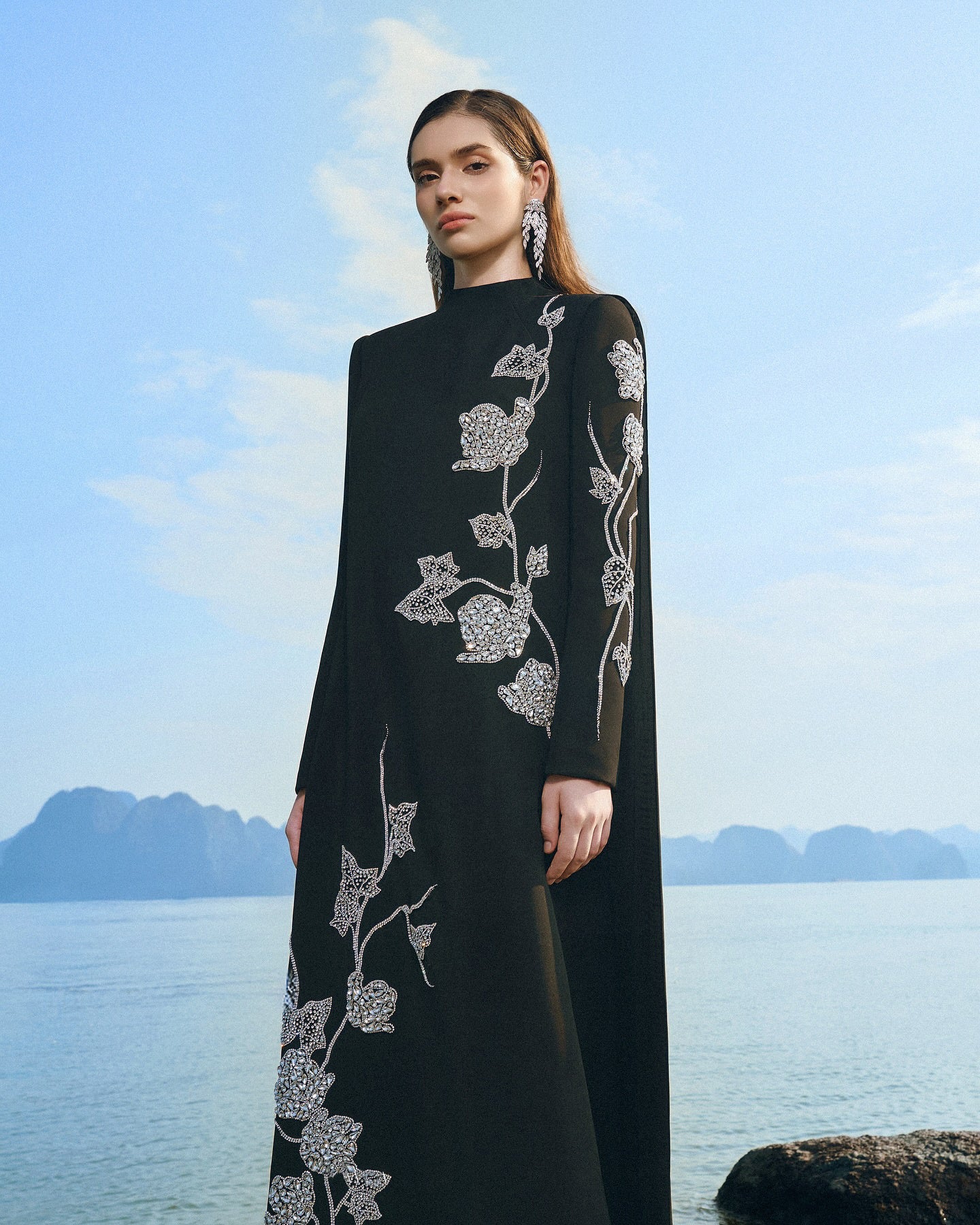 Long Sleeve Floral Crystal Maxi Dress Black HV2646