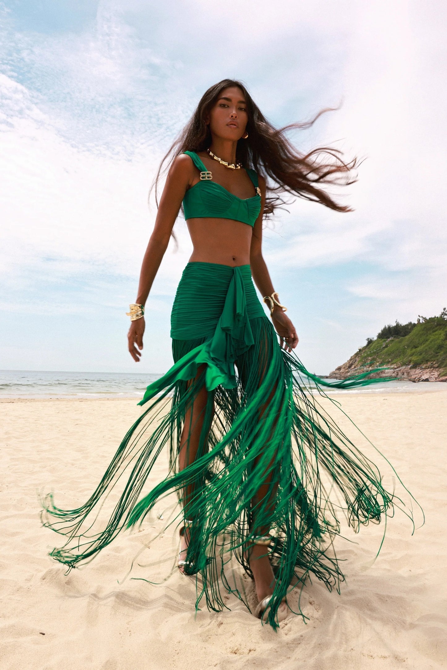Draped Ruffle Tassel Two Piece Maxi Dress Green HV0001