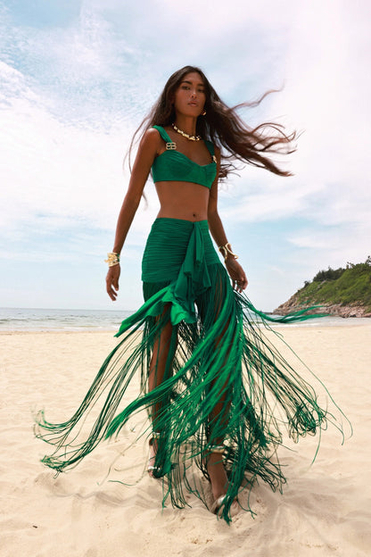 Draped Ruffle Tassel Two Piece Maxi Dress Green HV0001