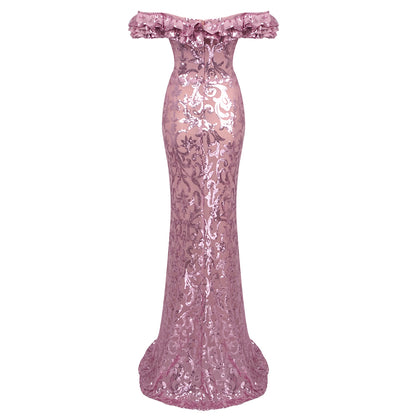 Ruffle Bardot Crystal Sequin Maxi Dress Pink HV1601