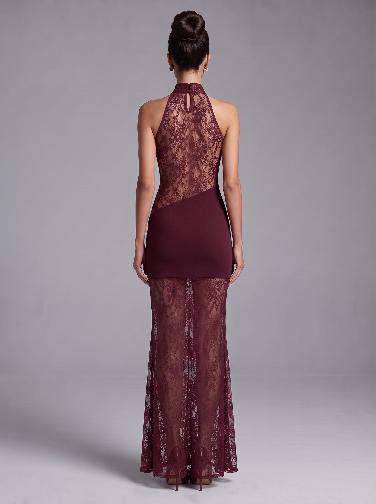 Lace Insert Draped Detail Maxi Dress Burgundy HV3215