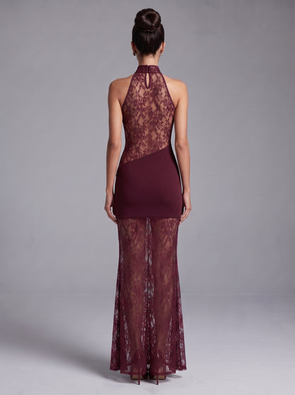 Lace Insert Draped Detail Maxi Dress Burgundy HV3215