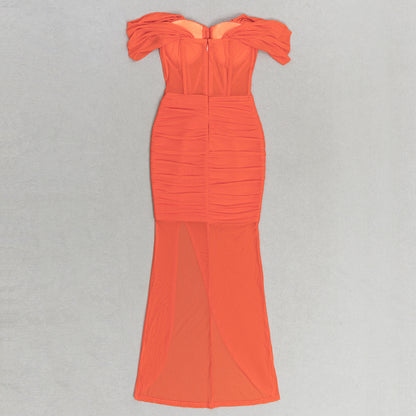 Off Shoulder Bustier Draped Mesh Maxi Dress  HV9837