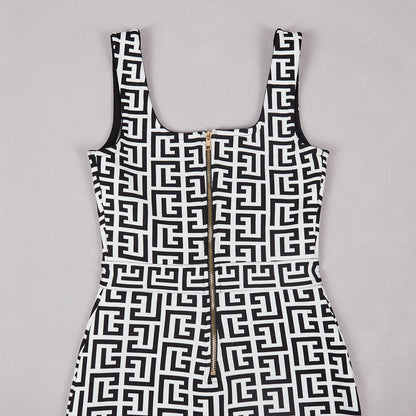 Geometric Print Dress Black White