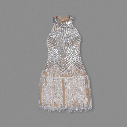 Halter Sequin Tassel Backless Dress Silver HV2143