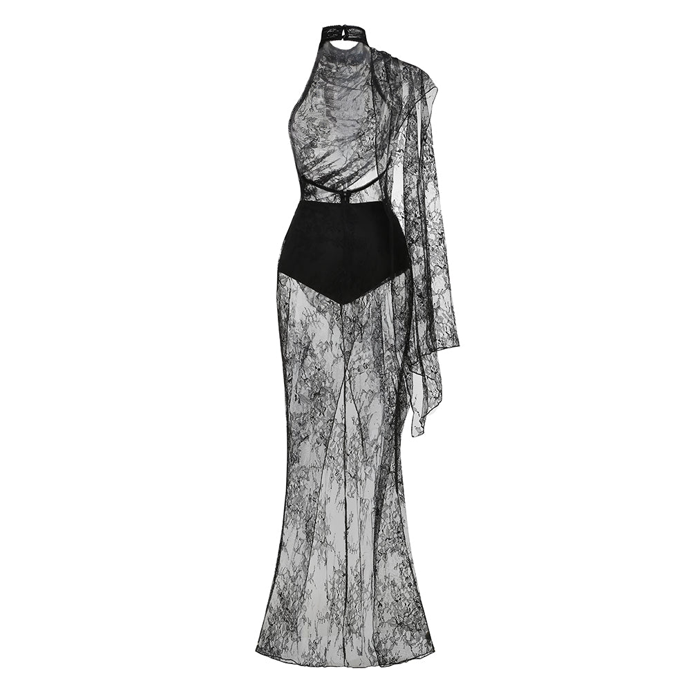 One Sleeve Draped Lace Maxi Dress Black HV3103