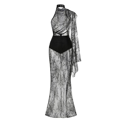 One Sleeve Draped Lace Maxi Dress Black HV3103