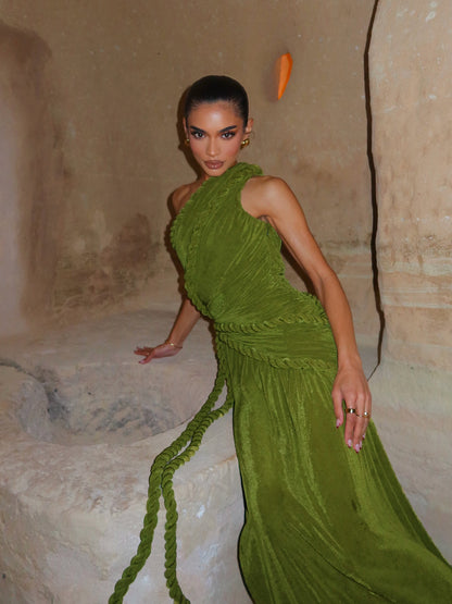 One Shoulder Maxi Velvet Dress Green HV2761