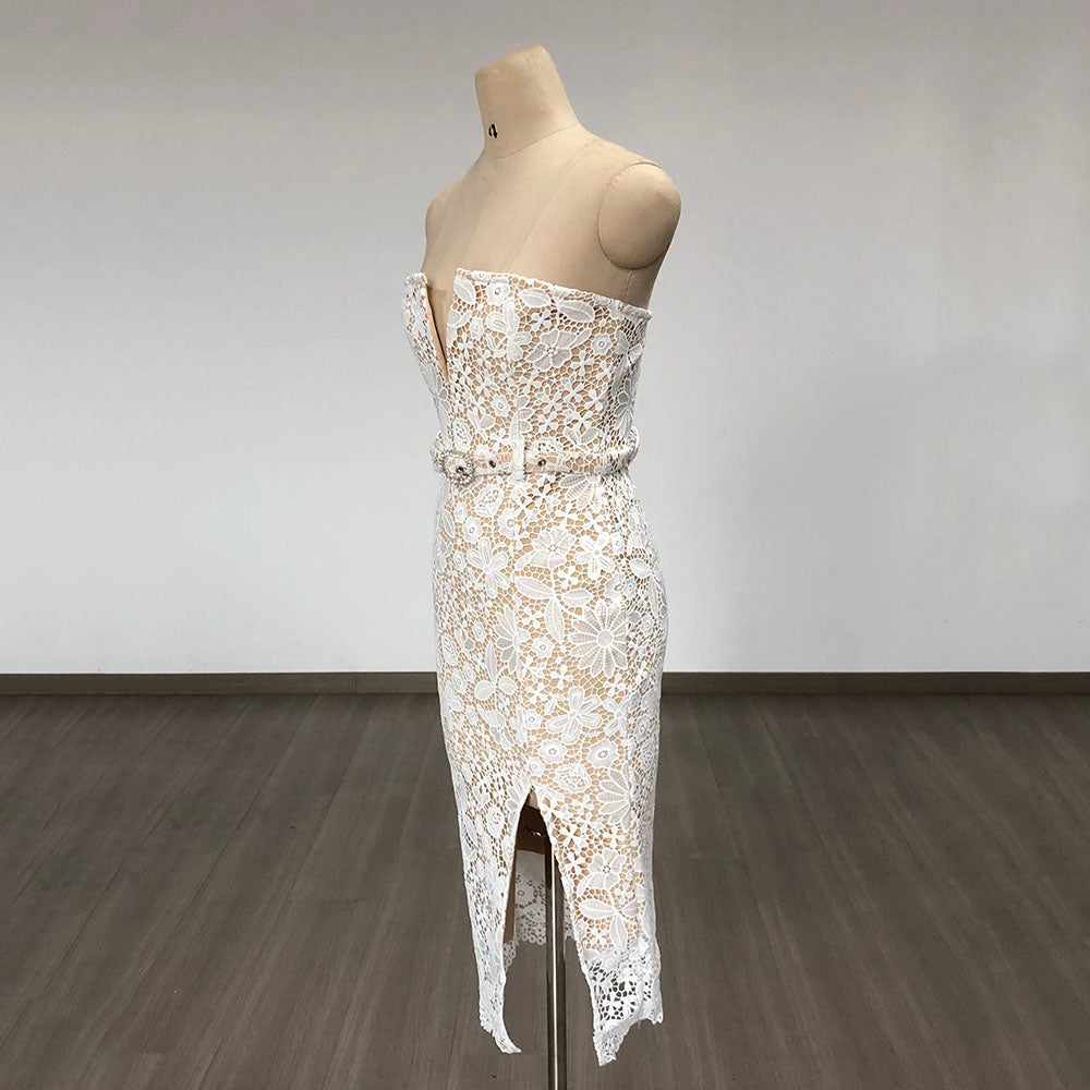 Strapless Floral Crochet Midi Dress White HV1778