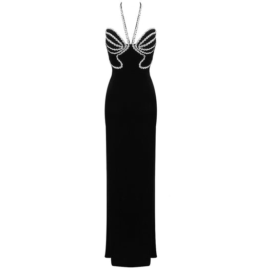 Halter Embellished Trim Maxi Velvet Dress Black HV1603