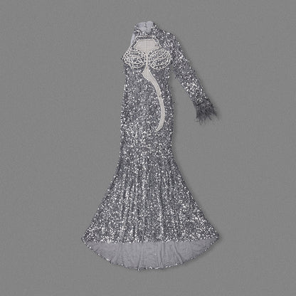 One Sleeve Sequin Maxi Dress Grey HV2229
