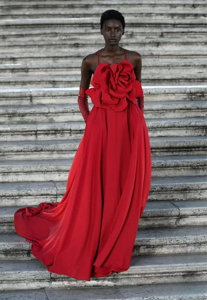 Floral Backless A Line Maxi Dress Red