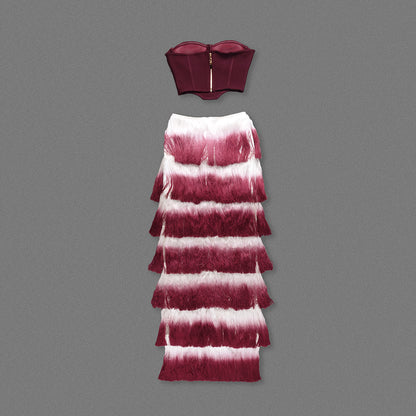 Strapless Tassel Two Piece Maxi Dress Burgundy HV2598