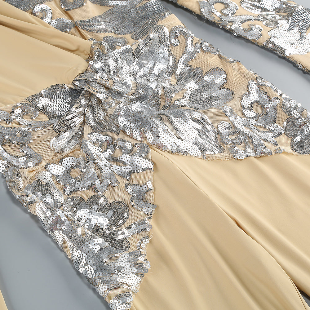Long Sleeve Sequin Jumpsuit Sand Silver HV2059