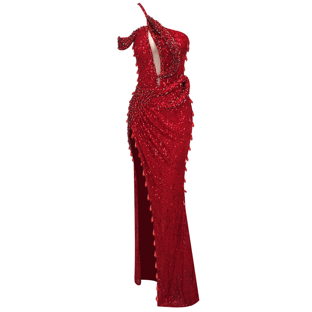 One Shoulder Crystal Sequin Maxi Dress Red HV1710