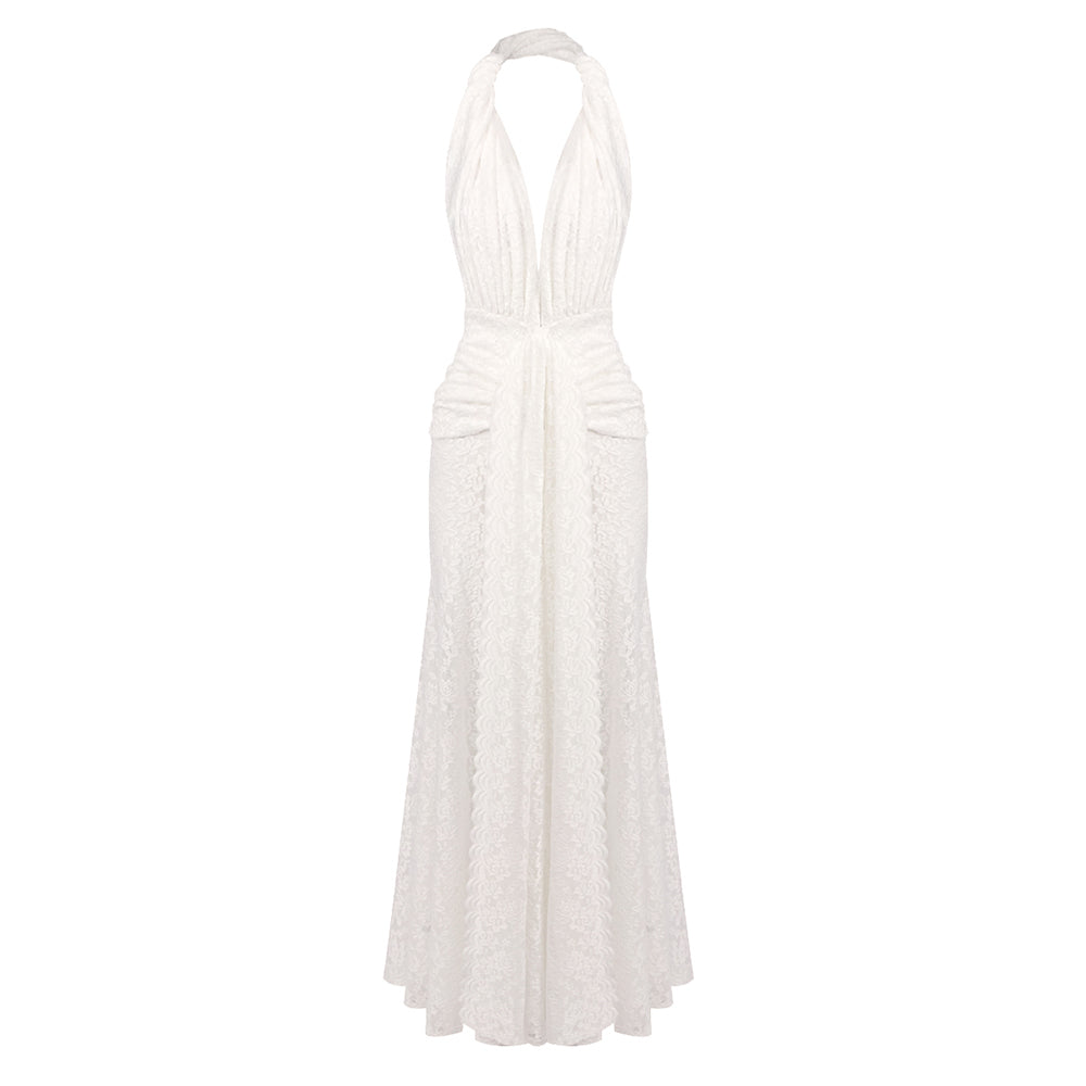 Halter Draped Crochet Maxi Dress White HV0096