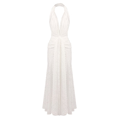Halter Draped Crochet Maxi Dress White HV0096