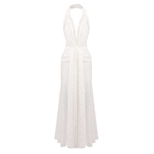 Halter Draped Crochet Maxi Dress White HV0096