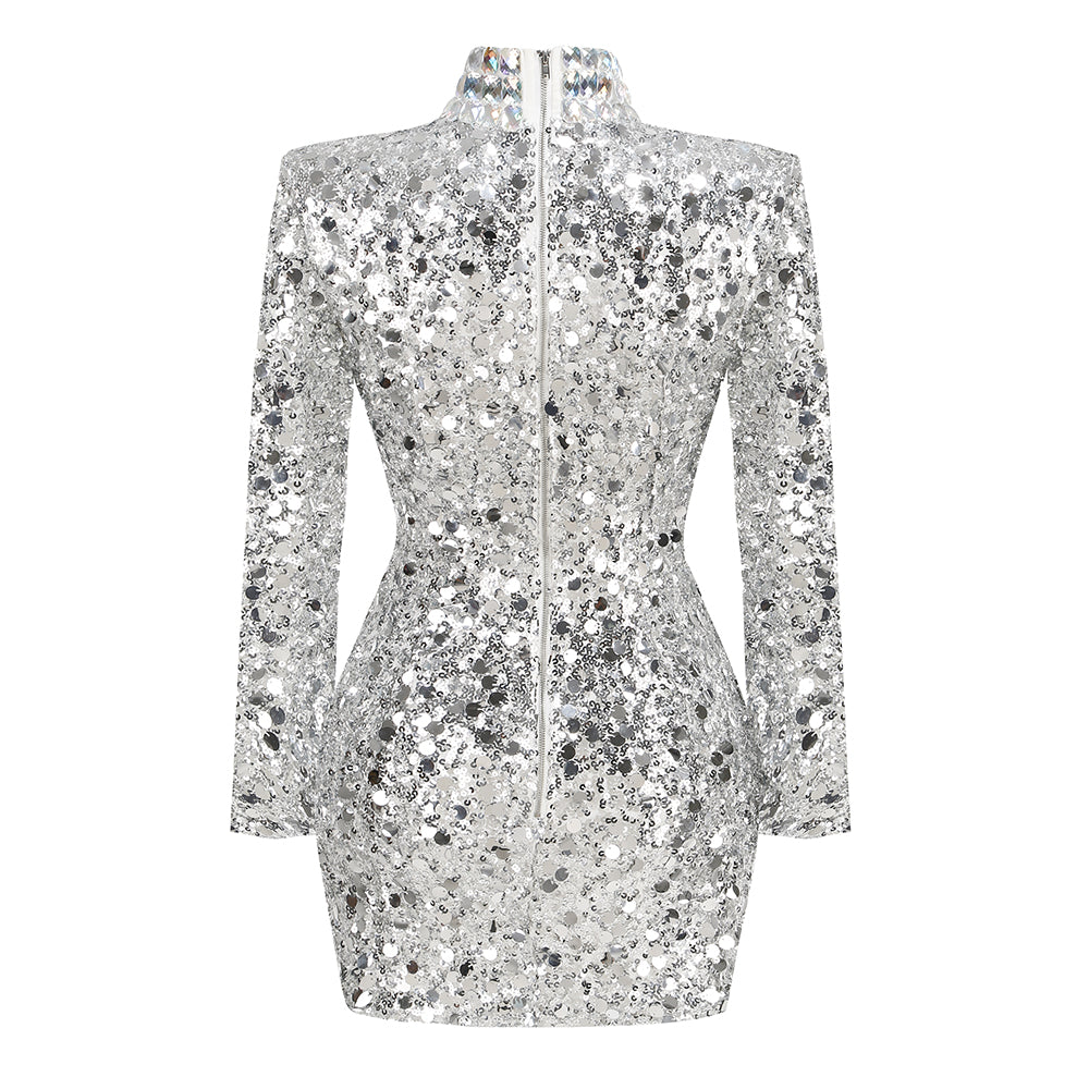 Long Sleeve Crystal Sequin Dress Silver HV1633