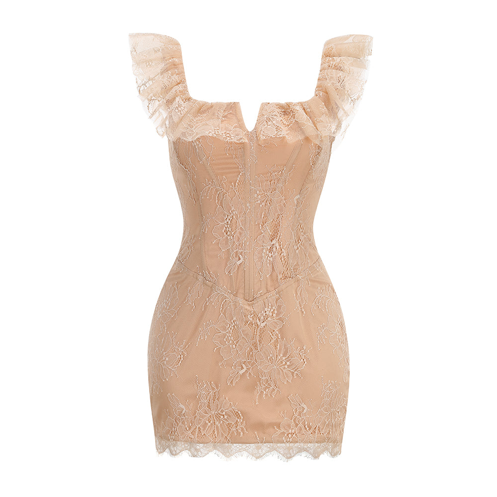 Lace Ruffle Structured Dress Peach Nude HV3232