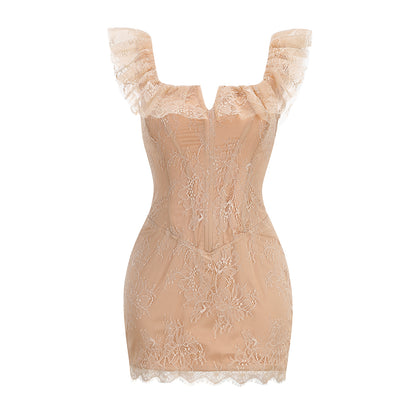 Lace Ruffle Structured Dress Peach Nude HV3232