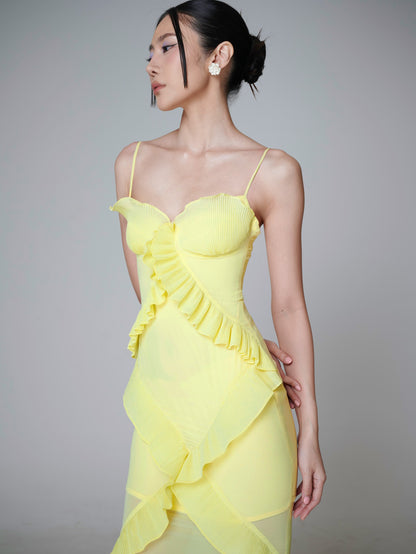 Ruffle Detail Bustier Maxi Dress Yellow HV0025