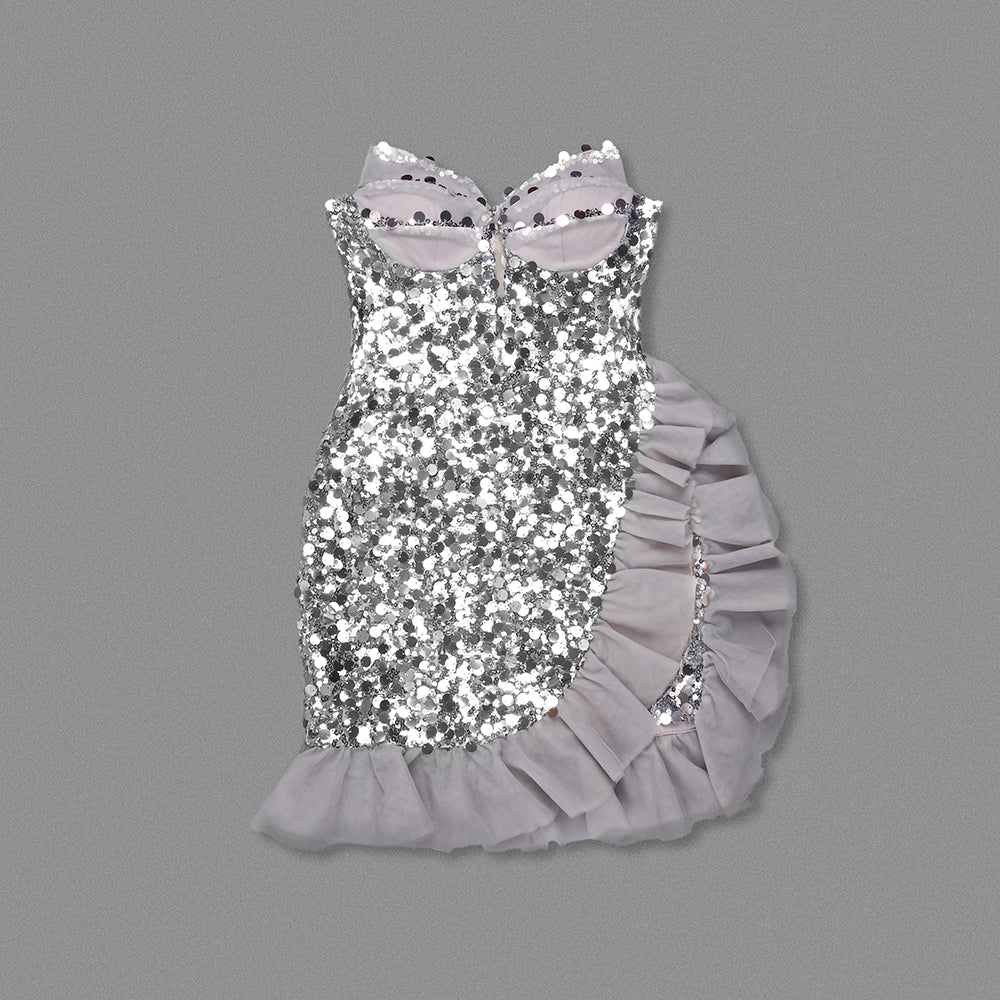 Strapless Sequin Ruffle Dress Silver HV1709