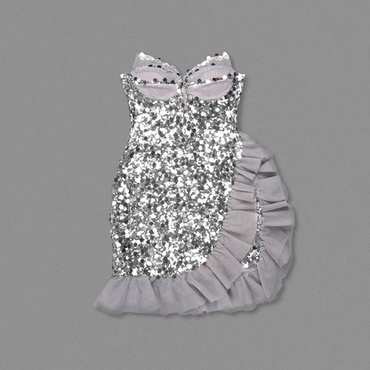 Strapless Sequin Ruffle Dress Silver HV1709