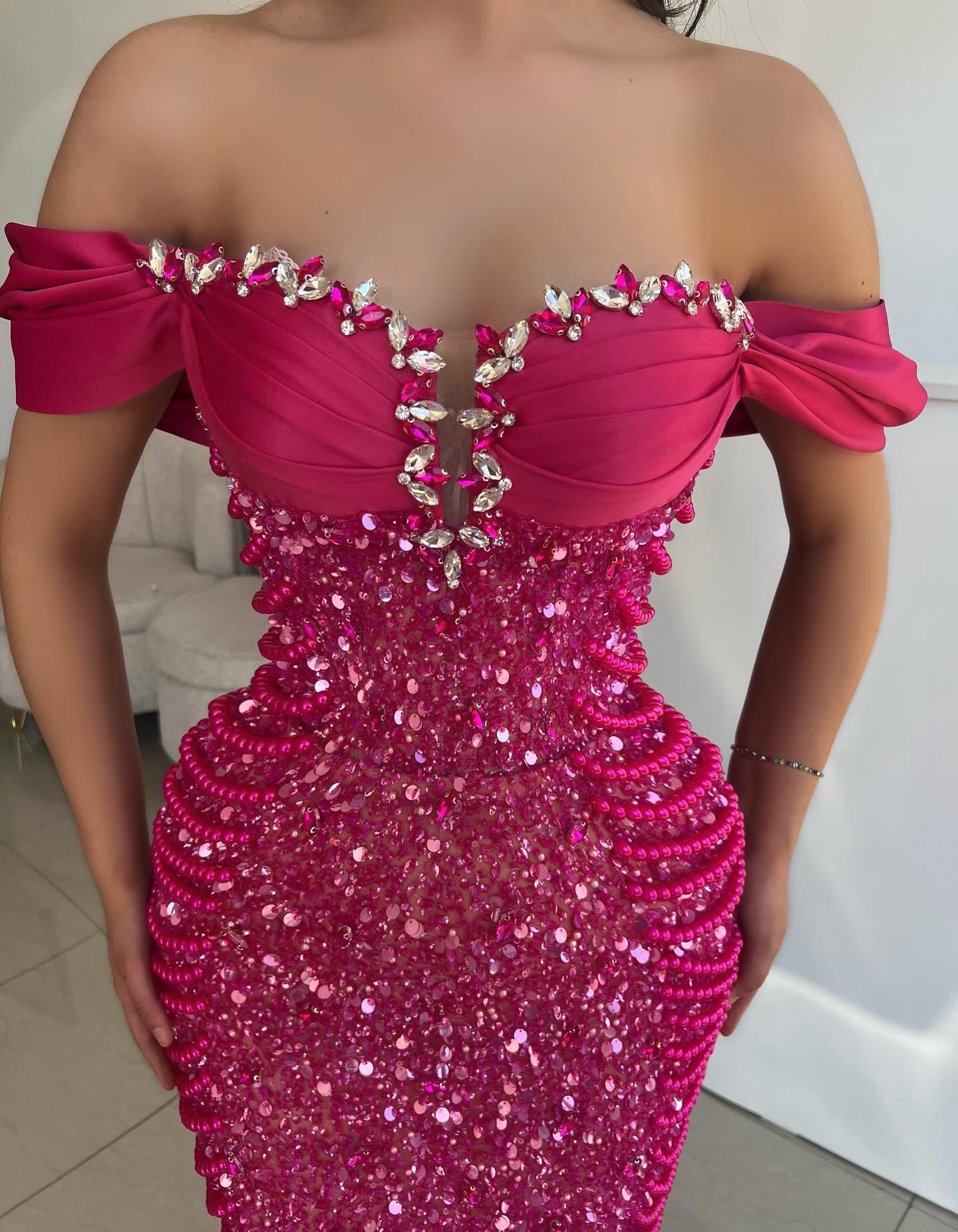 Bardot Crystal Bustier Sequin Maxi Dress Hot Pink HV2296