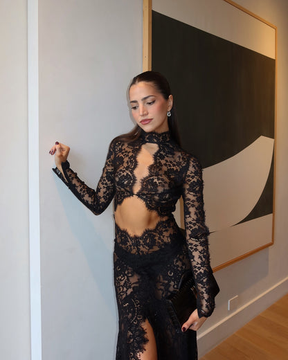 Long Sleeve Cut Out Lace Maxi Dress Black HV2038