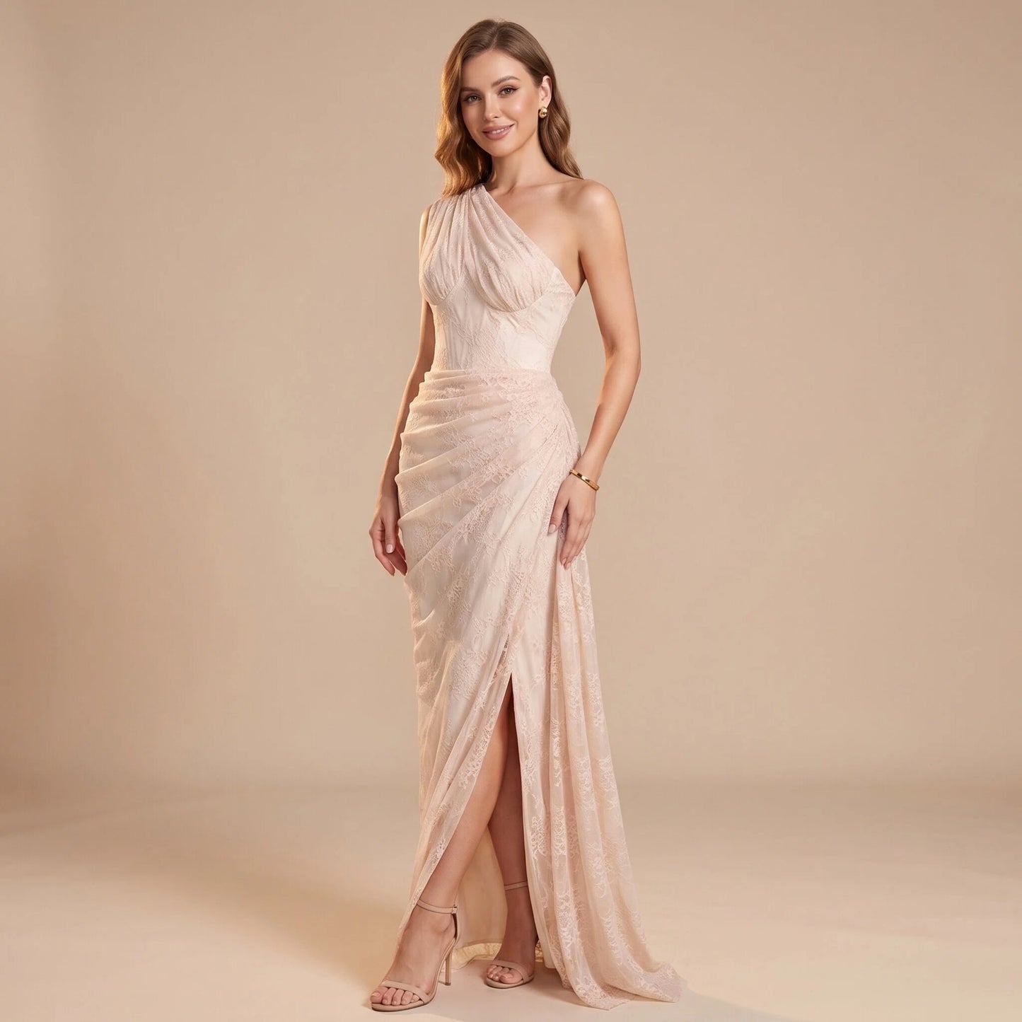 One Shoulder Draped Lace Maxi Dress Light Nude HV2677