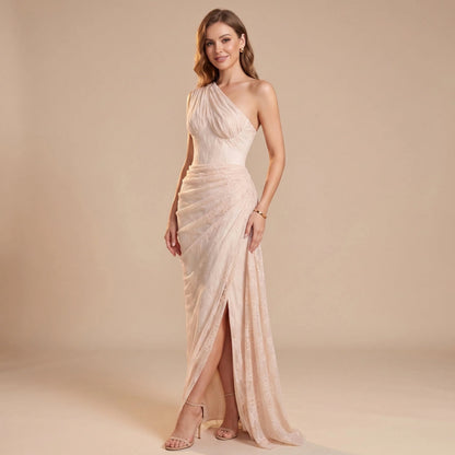 One Shoulder Draped Lace Maxi Dress Light Nude HV2677
