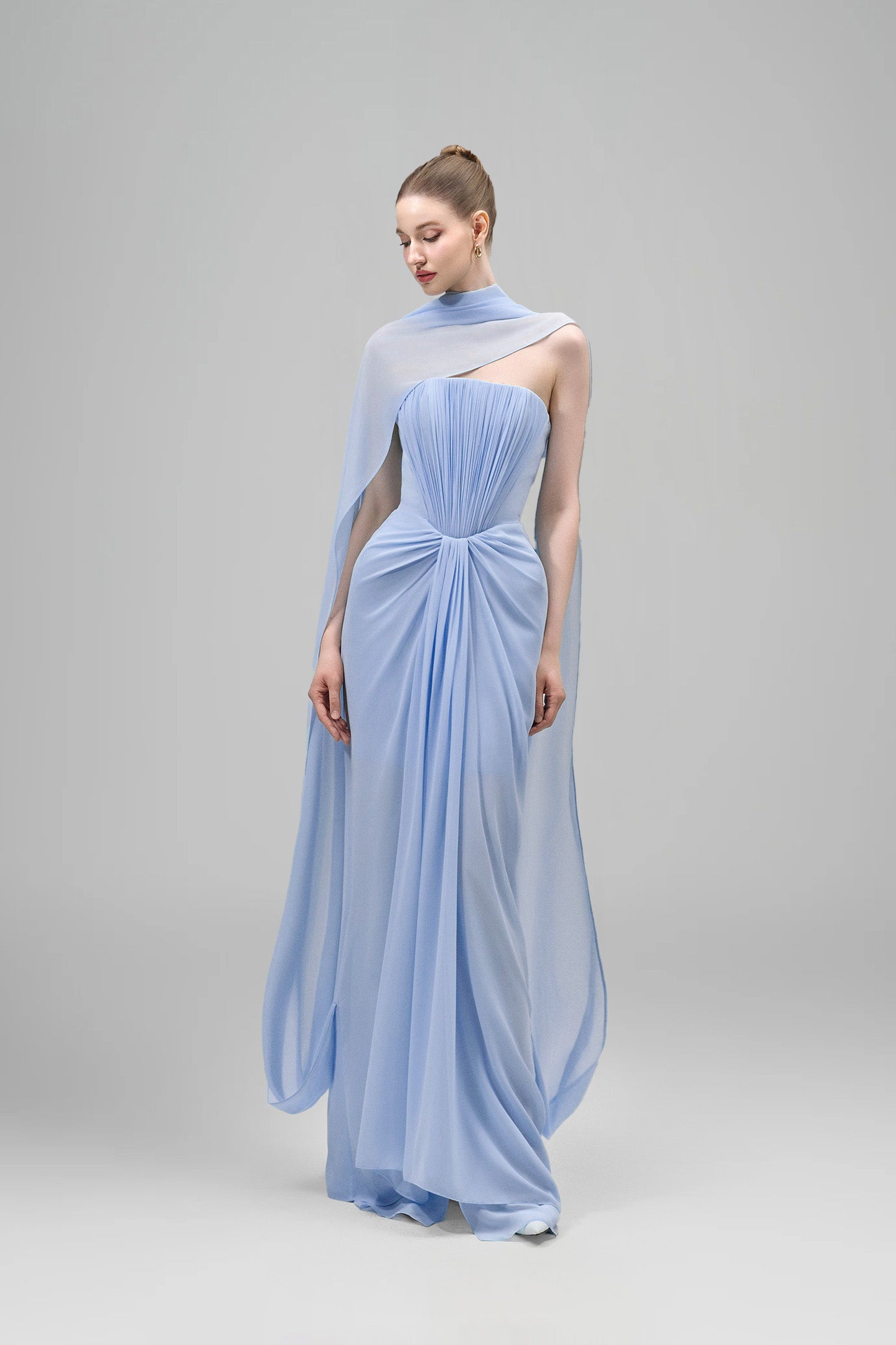 Strapless Draped Cape Maxi Dress Blue HV3074