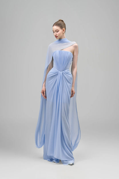 Strapless Draped Cape Maxi Dress Blue HV3074