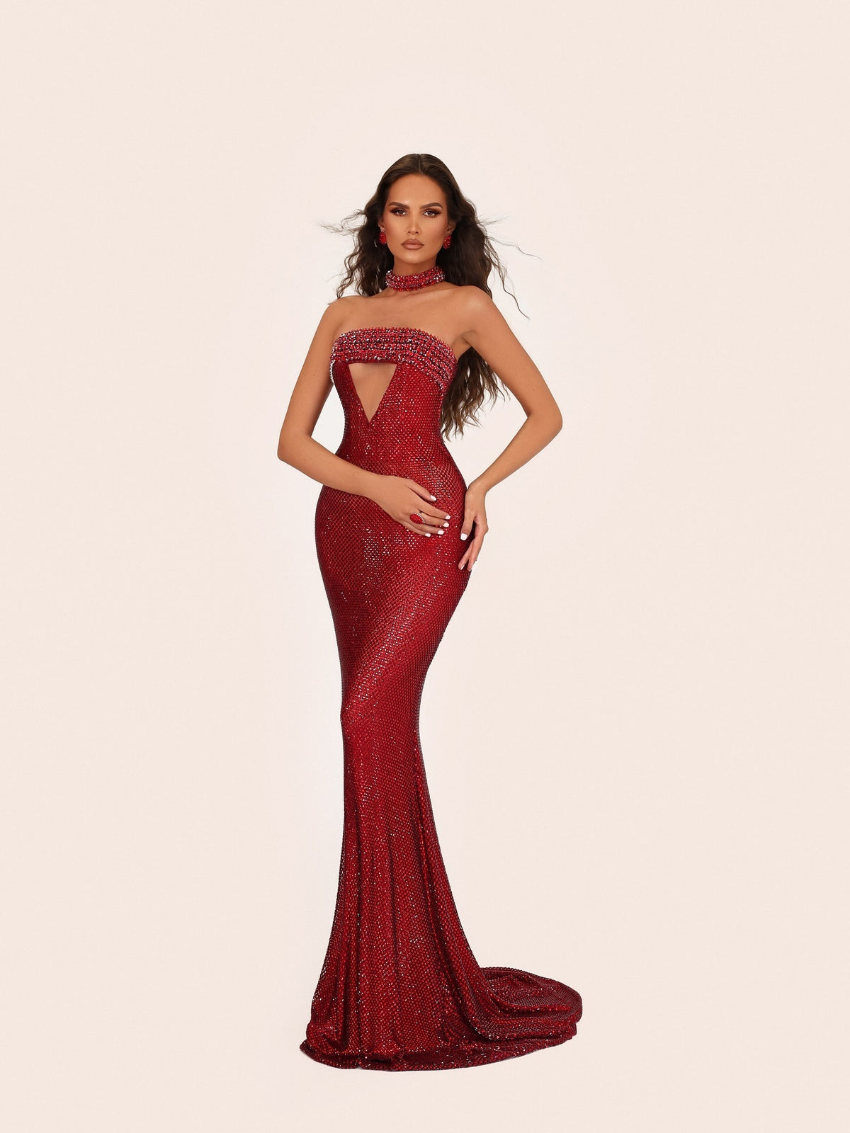 Strapless Choker Embellished Maxi Dress Red HV2815